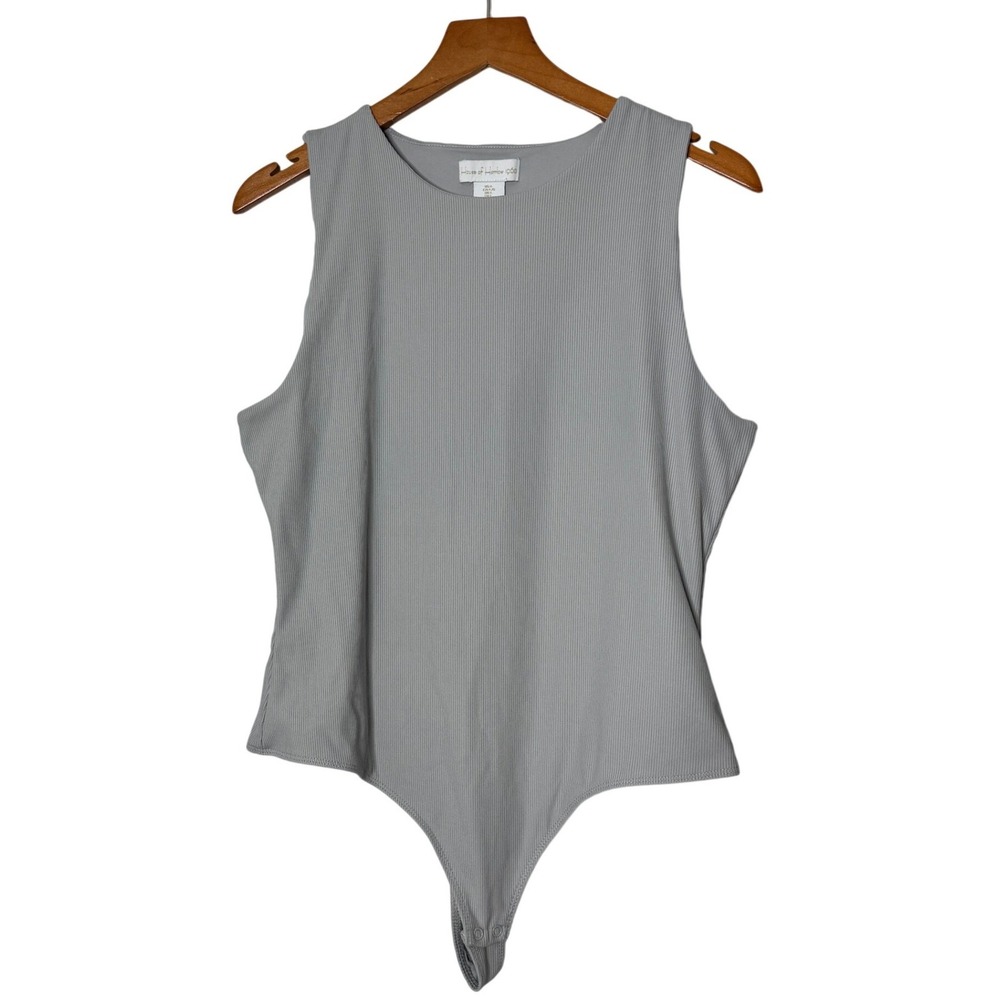 House of Harlow 1960 Gray Ribbed Sleeveless Bodysuit Crew Neck Womens Large